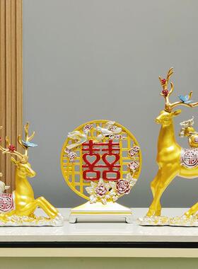 新中式创意树脂麋鹿三件套摆件玄关客厅酒柜软装家居桌面装饰