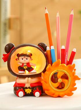 纳创意哪吒笔筒树脂带灯公室桌面文具收装饰童摆件六Q125一儿节礼