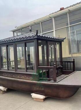 游船欧式白色画舫船中式电动水上餐饮船屋彷古实木玻璃纤维风景区