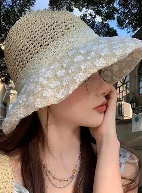 【度假出游】防晒帽蕾丝蝴蝶结女草帽透气百搭小白裙遮阳帽太阳帽