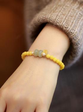 天然蜜蜡单圈手链 和田玉好运莲莲搭淡水珍珠配饰国潮民族风手串