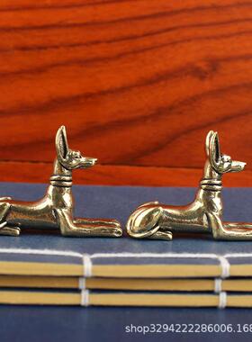 复古黄铜旺财笔搁桌面摆件卧犬文玩茶宠摆饰生肖狗工艺品铜器