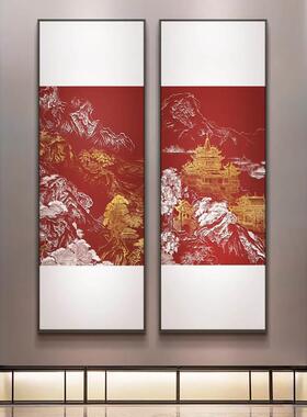 2020新中式红肌色风景浮雕理装饰画入立户玄关体壁竖画高端大气版