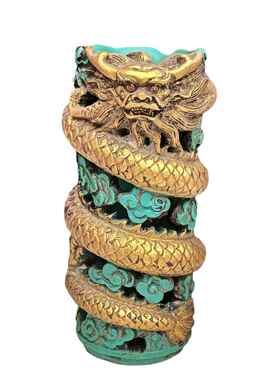 仿古做旧盘龙笔筒书房家居摆件仿绿松石鎏金龙笔筒摆设工艺品