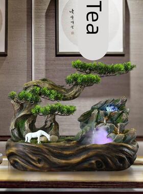 迎客松循环水假山流水喷泉摆件客厅山水盆景办公室水景装饰开业礼