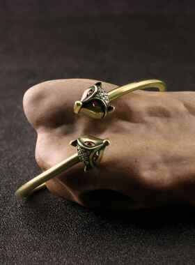 复古做旧黄铜双狐狸头手镯送女友仿古铜动物镯子实体地摊货源