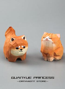 小狗柴犬橙猫手工木雕配件桌饰可爱的中国情人节礼物小物品木制迷