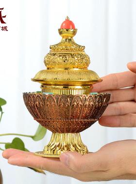 佛缘汇藏传用品八吉祥黄铜雕花密宗供具米盒佛堂供品米盒摆件