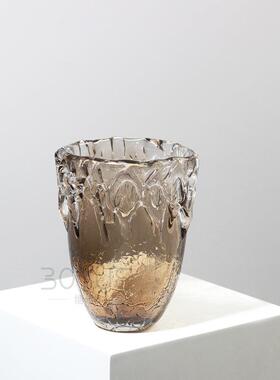 简约现代创意花瓣口碎冰底棕色琉璃花瓶样板间售楼处玄关客厅装饰