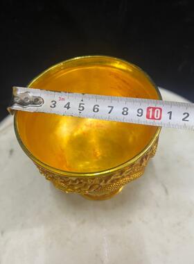 复古纯铜鎏金高浮雕龙纹高足杯摆件 铜工艺品 文创市集古玩老物件