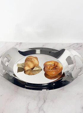 不锈钢304圆形提手酒店托盘西餐餐盘轻奢家用酒具甜品盘