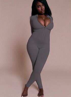 Women's Solid Slim Long Pants Jumpsuit Street Tight Zip Long