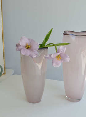 新中式简约清新温柔粉色不规则黑边玻璃花瓶大口径插花器家居摆件