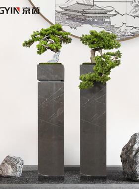 彷真迎客松盆景样板间客厅落地大理石花器茶室装饰新中式禅意摆件