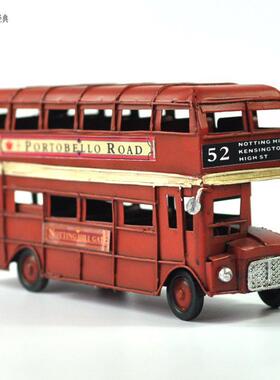 复古英伦街头我爱伦敦双层红色巴士 手工铁皮车模工艺品摆件