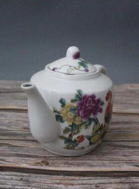 清光绪粉彩鸡公全家福图茶壶景德镇仿古陶瓷家居装饰摆件家用茶具