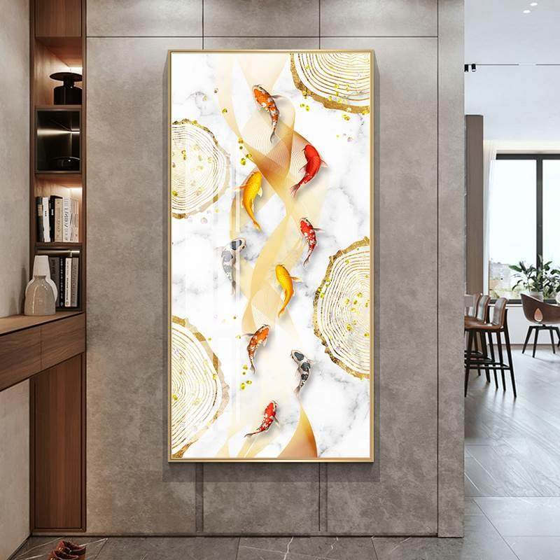 锦鲤鱼图进门玄关画竖版新中式大幅轻奢客厅走廊装饰画晶瓷画,淘宝优惠券,粉丝福利购,淘宝优惠卷