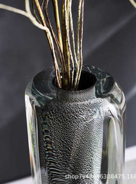 北欧创意灰色银箔水晶琉璃玻璃花瓶摆件设计师客厅异形琉璃花瓶器