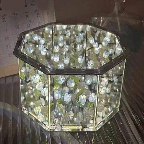 Handmade Bedroom Night Light Tulips Mirror Cube DIY Night - 图0