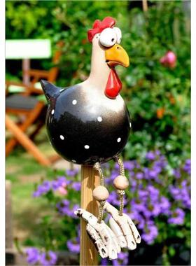 新款直销跨境长脚鸡春天气息栅栏树脂摆件庭院装饰品呆头鸡恶搞搞