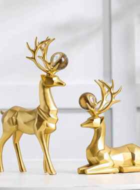 带入财富与宝藏触手可及奢华金麋鹿小腰客厅入口电视酒柜装饰摆件