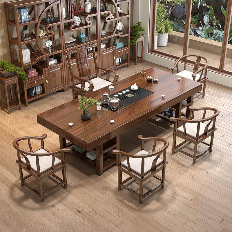 大板茶桌椅组合一桌五椅新中式原木功夫茶台办公室实木茶几喝茶桌,淘宝优惠券,粉丝福利购,淘宝优惠卷