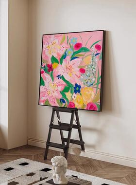 简约覆古小清新抽象花卉粉色小户型卧室斗柜温馨装饰画 画餐客厅