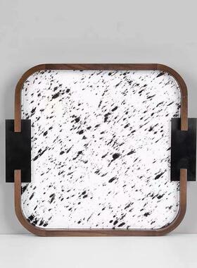 现代简约斑点马毛皮质金属托盘收纳置物创意摆件桌面客厅样板间