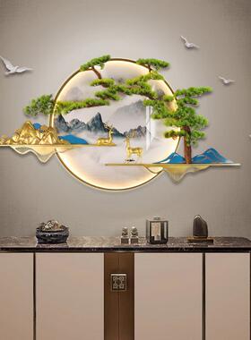 新中式客厅背景墙迎客松装饰画玄关3d立体灯光挂画大气山水壁灯画
