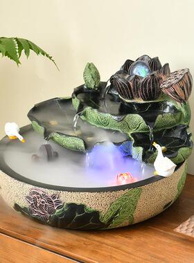 新中式荷花流水生财摆件循环水客厅茶室桌面风水轮造景入户运转球