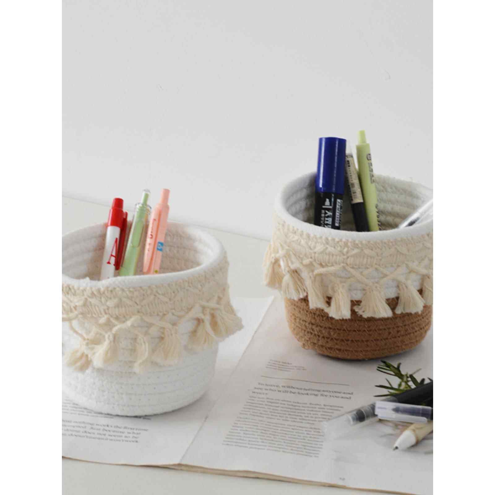 桌面创意笔筒置物篮茶几杂物收纳篮编织收纳筐北欧流苏棉线收纳盒,淘宝优惠券,粉丝福利购,淘宝优惠卷