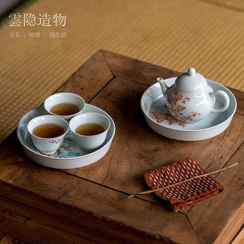 云隐造物 仿古釉手绘壶承小号盖碗托淋壶盘青釉菊花壶托盘 - 图3