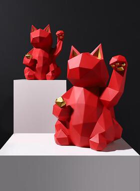 欧式哑光几何招财猫摆件客厅桌面家居装饰树脂工艺品店铺开业礼品