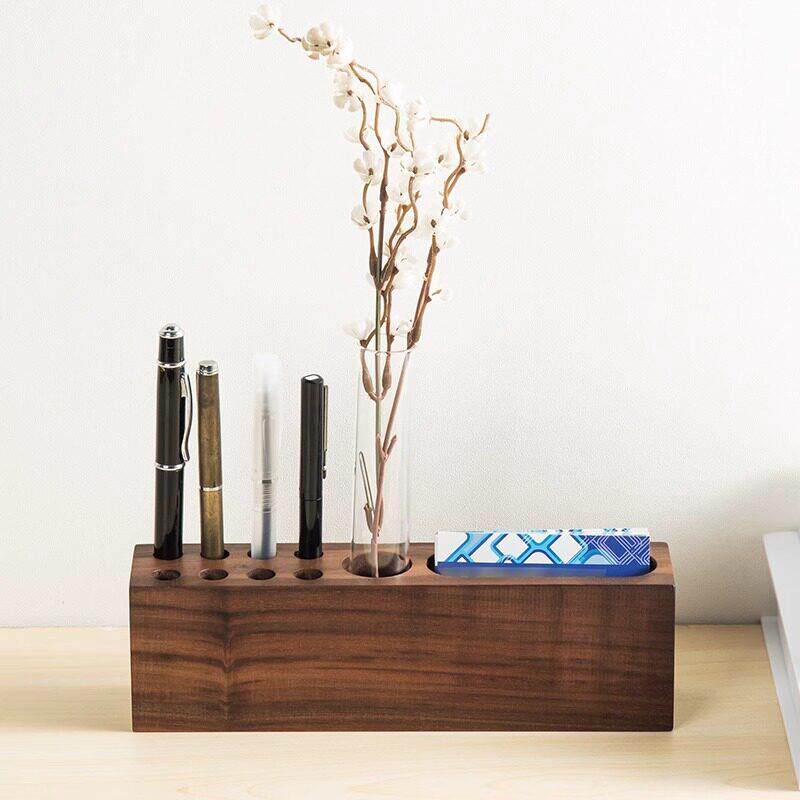 Creative solid wood pen holder multi-function stationery storage box business gift cute wooden pen holder black walnut pen insert