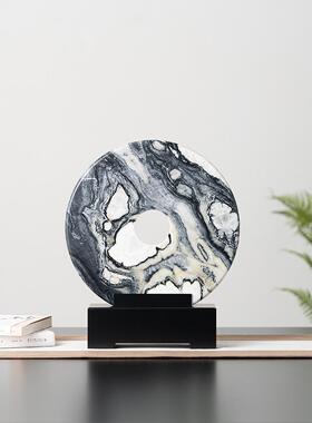 新中式天然纹理大理石同心圆玉扣高档摆件样板间客厅书房桌面装饰