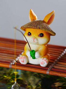 鱼缸造景摆件小兔子垂钓鱼假山流水鱼池花园花盆微景观水族箱装饰