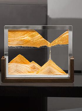 创意木底座镜面流沙画摆件沙漏玻璃工艺品桌面摆件家居礼品装饰品