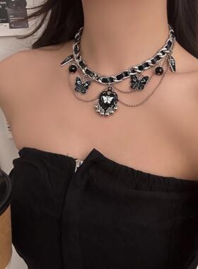哥特皮革项圈十字架吊坠项链女时尚辣妹高级感锁骨链百搭颈链项饰