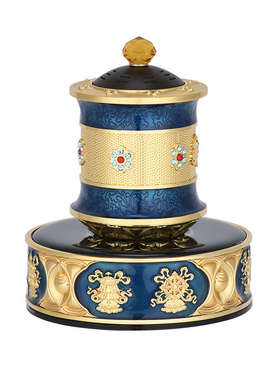 善界太阳能转金轮充电车载家用摆件镀金贴钻胡桃木蓄电转金筒藏式