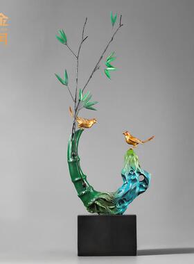 铜金岁月竹韵双栖竹子铜摆件仿真富贵竹喜鹊鸟客厅玄关装饰铜摆件