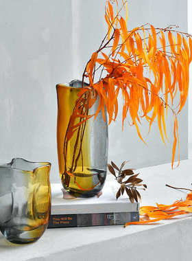 碧轩创意水墨透明玻璃花瓶蓝黑丝现代简约水培插花客厅书房装饰品