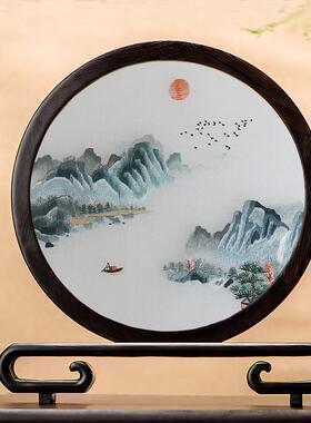 苏绣桌面屏风创意刺绣摆件中国风中式家居红木台屏手工双面绣摆台