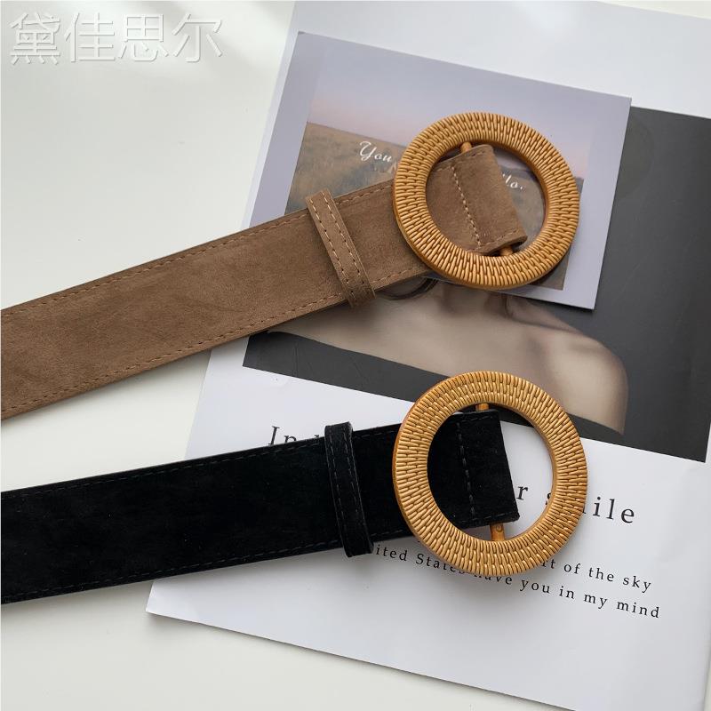 女宽皮带绒面时尚百搭圆扣配大衣裙子腰带女毛衣黑色腰封女生皮带 - 图1