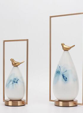 新中式现代创意铁艺禅意小鸟陶瓷摆饰客厅艺术品玄关电视柜装饰品