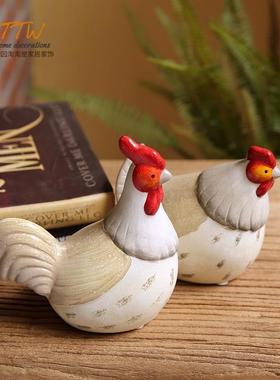 美式乡村彩色情侣鸡陶瓷室内阳台家居隔板店面橱窗装饰品橱柜摆件