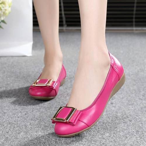 正品春秋妈妈鞋真牛底筋底软皮底单防滑鞋女式皮鞋百搭休闲平豆豆 - 图1