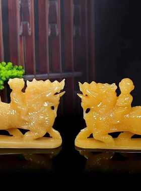 天然米黄玉送子麒麟摆件吉祥玉麒麟客厅卧室室内金童玉女工艺品