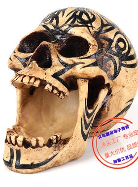 树脂工艺品花纹骷颅头收纳盒万圣节鬼屋影视骷髅头道具酒巴装饰