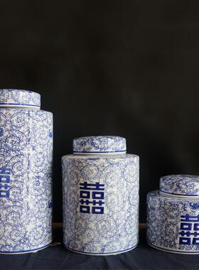 新中式储物陶瓷青花瓷摆件客厅玄关软装花储物样品房喜字圆