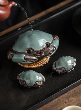 创意大号螃蟹摆件陶瓷哥窑开 片家居客厅装饰茶道桌面可养茶宠摆